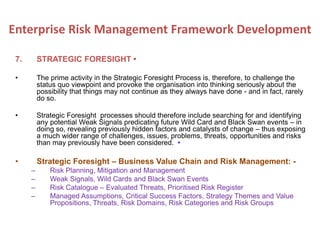 7. STRATEGIC FORESIGHT •
• The prime activity in the Strategic Foresight Process is, therefore, to challenge the
status quo viewpoint and provoke the organisation into thinking seriously about the
possibility that things may not continue as they always have done - and in fact, rarely
do so.
• Strategic Foresight processes should therefore include searching for and identifying
any potential Weak Signals predicating future Wild Card and Black Swan events – in
doing so, revealing previously hidden factors and catalysts of change – thus exposing
a much wider range of challenges, issues, problems, threats, opportunities and risks
than may previously have been considered. •
• Strategic Foresight – Business Value Chain and Risk Management: -
– Risk Planning, Mitigation and Management
– Weak Signals, Wild Cards and Black Swan Events
– Risk Catalogue – Evaluated Threats, Prioritised Risk Register
– Managed Assumptions, Critical Success Factors, Strategy Themes and Value
Propositions, Threats, Risk Domains, Risk Categories and Risk Groups
Enterprise Risk Management Framework Development
 