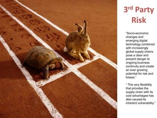 3rd Party
Risk
“Socio-economic
changes and
emerging digital
technology combined
with increasingly
global supply chains
pose a clear and
present danger to
ongoing business
continuity and create
an ever growing
potential for risk and
losses.”
“ The very flexibility
that provides the
supply chain with its
cost advantages has
also caused its
inherent vulnerability.”
 