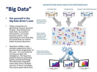 “Big Data”
• Put yourself in the
Big Data driver’s seat.
• Today, companies are
generating massive amounts
of data—everything from
web clicks, to customer
transactions, to routine
business events—and
attempting to mine that data
for trends that can inform
better business decisions.
• Quantivo enables a new
analytics experience that is
bound only by imagination of
the user - it’s a full stack for
turning raw data into
intelligence. The Quantivo
platform features patented,
pattern-based technology
that efficiently integrates
event data across multiple
sources, in hours not weeks.
Your query quest starts here.
 