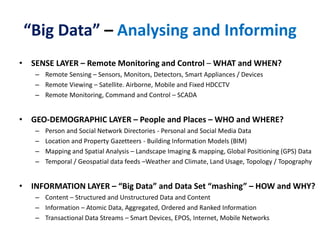 “Big Data” – Analysing and Informing
• SENSE LAYER – Remote Monitoring and Control – WHAT and WHEN?
– Remote Sensing – Sensors, Monitors, Detectors, Smart Appliances / Devices
– Remote Viewing – Satellite. Airborne, Mobile and Fixed HDCCTV
– Remote Monitoring, Command and Control – SCADA
• GEO-DEMOGRAPHIC LAYER – People and Places – WHO and WHERE?
– Person and Social Network Directories - Personal and Social Media Data
– Location and Property Gazetteers - Building Information Models (BIM)
– Mapping and Spatial Analysis – Landscape Imaging & mapping, Global Positioning (GPS) Data
– Temporal / Geospatial data feeds –Weather and Climate, Land Usage, Topology / Topography
• INFORMATION LAYER – “Big Data” and Data Set “mashing” – HOW and WHY?
– Content – Structured and Unstructured Data and Content
– Information – Atomic Data, Aggregated, Ordered and Ranked Information
– Transactional Data Streams – Smart Devices, EPOS, Internet, Mobile Networks
 