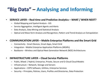 “Big Data” – Analysing and Informing
• SERVICE LAYER – Real-time and Predictive Analytics – WHAT / WHEN NEXT?
– Global Mapping and Spatial Analysis - GIS
– Service Aggregation, Intelligent Agents and Alerts
– Data Analysis, Data Mining and Statistical Analysis
– Optical and Wave-form Analysis and Recognition, Pattern and Trend Analysis an Extrapolation
• COMMUNICATION LAYER – Mobile Enterprise Platforms and the Smart Grid
– Connectivity - Smart Devices, Smart Apps, Smart Grid
– Integration - Mobile Enterprise Application Platforms (MEAPs)
– Backbone – Wireless and Optical Next Generation Network (NGE) Architectures
• INFRASTRUCTURE LAYER – Cloud Service Platforms
– Public, Mixed / Hybrid, Enterprise, Private, Secure and G-Cloud Cloud Models
– Infrastructure – Network, Storage and Servers
– Applications – COTS Software, Utilities, Enterprise Services
– Security – Principles, Policies, Users, Profiles and Directories, Data Protection
 