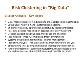 Risk Clustering in “Big Data”
Cluster Analysis – Key Issues
• Link / measure risk cost / mitigation to shareholder value (quantifiable)
• Causal Layer Analysis (CLA) – systemic risk modelling
• Efficiency / leaning / optimisation opportunity cost (quantifiable)
• Real-time decision modelling on occurrence of every risk event
• Decision Support using business intelligence and analytics
• Risk Indexing – impact, compliance, threat environment
• Systems Integration opportunities – change management
• Predictive Analytics – risk event and customer behavioural analysis
• Stress testing (war-gaming and detailed interdependent scenarios)
• Future Management – early warning systems, critical success factors
key performance metrics, risk tolerance and volatility thresholds
 