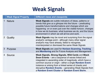 Weak Signals
Weak Signal Property Different views and viewpoints
1 Nature Weak Signals are subtle indicators of ideas, patterns or
trends that give us a glimpse into the future – predicating
possible future transformations and changes which are
happening on or even just over the visible horizon, changes
in how we do business, what business we do, and the future
environment in which we will all live and work.
2 Quality Weak Signals may be novel and surprising from the signal
analyst's vantage point - although many other signal
analyst's may have already, failed to recognise,
misinterpreted or dismissed the same Weak Signals
3 Purpose Weak Signals are used for Horizon Scanning, Tracking
and Monitoring and for Future Analysis and Management
4 Source Weak Signals, Strong Signals, Wild Cards and Black
Swan Events – are a sequence of waves linked and
integrated in ascending order of magnitude, which have a
common source or origin - either a single Random Event
instance or arising from a linked series of chaotic and
disruptive Random Events – generating Weak Signals from
a Random Event Cluster or Random Event Storm.
 