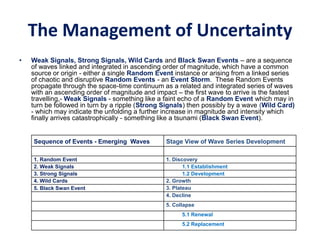 The Management of Uncertainty
• Weak Signals, Strong Signals, Wild Cards and Black Swan Events – are a sequence
of waves linked and integrated in ascending order of magnitude, which have a common
source or origin - either a single Random Event instance or arising from a linked series
of chaotic and disruptive Random Events - an Event Storm. These Random Events
propagate through the space-time continuum as a related and integrated series of waves
with an ascending order of magnitude and impact – the first wave to arrive is the fastest
travelling,- Weak Signals - something like a faint echo of a Random Event which may in
turn be followed in turn by a ripple (Strong Signals) then possibly by a wave (Wild Card)
- which may indicate the unfolding a further increase in magnitude and intensity which
finally arrives catastrophically - something like a tsunami (Black Swan Event).
Sequence of Events - Emerging Waves Stage View of Wave Series Development
1. Random Event 1. Discovery
2. Weak Signals 1.1 Establishment
3. Strong Signals 1.2 Development
4. Wild Cards 2. Growth
5. Black Swan Event 3. Plateau
4. Decline
5. Collapse
5.1 Renewal
5.2 Replacement
 