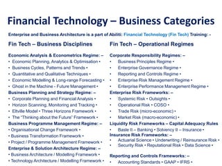 Financial Technology – Business Categories
Fin Tech – Business Disciplines
Economic Analysis & Econometrics Regime: –
• Economic Planning, Analytics & Optimisation •
• Business Cycles, Patterns and Trends •
• Quantitative and Qualitative Techniques •
• Economic Modelling & Long-range Forecasting •
• Ghost in the Machine - Future Management •
Business Planning and Strategy Regime: –
• Corporate Planning and Financial Analysis •
• Horizon Scanning, Monitoring and Tracking •
• Eltville Model • Three Horizons Framework •
• The “Thinking about the Future” Framework •
Business Programme Management Regime: –
• Organisational Change Framework •
• Business Transformation Framework •
• Project / Programme Management Framework •
Enterprise & Solution Architecture Regime: –
• Business Architecture / Modelling Framework •
• Technology Architecture / Modelling Framework •
Fin Tech – Operational Regimes
Corporate Responsibility Regimes: –
• Business Principles Regime •
• Enterprise Governance Regime •
• Reporting and Controls Regime •
• Enterprise Risk Management Regime •
• Enterprise Performance Management Regime •
Enterprise Risk Frameworks: –
• Systemic Risk • Outsights •
• Operational Risk • COSO •
• Trade Risk (micro-economic) •
• Market Risk (macro-economic) •
Liquidity Risk Frameworks – Capital Adequacy Rules
• Basle II – Banking • Solvency II – Insurance •
Insurance Risk Frameworks: –
• Actuarial Science • Underwriting / Reinsurance Risk •
• Security Risk • Reputational Risk • Data Science •
Reporting and Controls Frameworks: –
• Accounting Standards • GAAP • IFRS •
Enterprise and Business Architecture is a part of Abiliti: Financial Technology (Fin Tech) Training: -
 