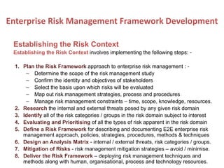 Enterprise Risk Management Framework Development
Establishing the Risk Context
Establishing the Risk Context involves implementing the following steps: -
1. Plan the Risk Framework approach to enterprise risk management : -
– Determine the scope of the risk management study
– Confirm the identity and objectives of stakeholders
– Select the basis upon which risks will be evaluated
– Map out risk management strategies, process and procedures
– Manage risk management constraints – time, scope, knowledge, resources.
2. Research the internal and external threats posed by any given risk domain
3. Identify all of the risk categories / groups in the risk domain subject to interest
4. Evaluating and Prioritising of all the types of risk apparent in the risk domain
5. Define a Risk Framework for describing and documenting E2E enterprise risk
management approach, policies, strategies, procedures, methods & techniques
6. Design an Analysis Matrix - internal / external threats, risk categories / groups.
7. Mitigation of Risks - risk management mitigation strategies – avoid / minimise.
8. Deliver the Risk Framework – deploying risk management techniques and
methods along with human, organisational, process and technology resources.
 