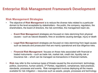 Risk Management Strategies
• The objective of Risk Management is to reduce the diverse risks related to a particular
domain to the level acceptable by stakeholders - the public, the company, regulators, the
shareholders, the board of directors, the risk committee, the management team etc.
– Event Risk Management strategies are focused on risks stemming from physical
causes – such as natural disasters, fires or accidents causing damage, injury or death
– Legal Risk Management strategies are focused on risks stemming from legal causes
such as lawsuits and prosecution that are mainly operational and due diligence risks.
– Financial Risk Management focuses on those risks associated with financial or
traded instruments – such as trade risk, market risk, credit risk, liquidity risk or
insurance risk – which can be managed via transactions in financial markets.
• Risk may refer to the numerous types of threats caused by the environment, technology,
politics, economics, human actions, 3rd Parties, regulations, compliances, best practices,
standards, processes and events. Risk management involves deploying all the means
available for risk mitigation – resources such as assets, people, processes and technology
Enterprise Risk Management Framework Development
 