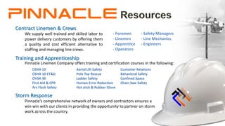 Contract Linemen & Crews
We supply well trained and skilled labor to
power delivery customers by offering them
a quality and cost efficient alternative to
staffing and managing line crews.
Training and Apprenticeship
Pinnacle Linemen Company offers training and certification courses in the following:
OSHA 10
OSHA 10 ET&D
OHSA 30
First Aid & CPR
Arc Flash Safety
Aerial Lift Safety
Pole Top Rescue
Ladder Safety
Human Error Reduction
Hot stick & Rubber Glove
Customer Relations
Behavioral Safety
Confined Space
Chain Saw Safety
Storm Response
Pinnacle’s comprehensive network of owners and contractors ensures a
win-win with our clients in providing the opportunity to partner on storm
work across the country.
- Foremen
- Linemen
- Apprentice
- Operators
- Safety Managers
- Line Mechanics
- Engineers
 