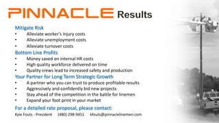 Mitigate Risk
• Alleviate worker’s injury costs
• Alleviate unemployment costs
• Alleviate turnover costs
Bottom Line Profits
• Money saved on internal HR costs
• High quality workforce delivered on time
• Quality crews lead to increased safety and production
Your Partner for Long Term Strategic Growth
• A partner who you can trust to produce profitable results
• Aggressively and confidently bid new projects
• Stay ahead of the competition in the battle for linemen
• Expand your foot print in your market
Kyle Fouts - President (480) 298-9451 kfouts@pinnaclelinemen.com
For a detailed rate proposal, please contact:
 