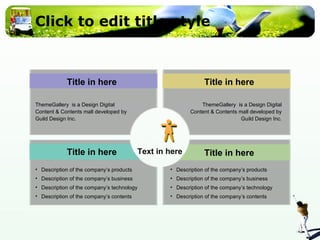 Click to edit title style Title in here Title in here Title in here Title in here Description of the company’s products Description of the company’s business Description of the company’s technology Description of the company’s contents Description of the company’s products Description of the company’s business Description of the company’s technology Description of the company’s contents ThemeGallery   is a Design Digital Content & Contents mall developed by Guild Design Inc. ThemeGallery   is a Design Digital Content & Contents mall developed by Guild Design Inc. Text in here 