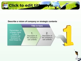 Click to edit title style ThemeGallery  is a Design Digital Content & Contents mall developed by Guild Design Inc. Title in here 2. Description of the company’s sub contents Describe a vision of company or strategic contents 1. Description of the company’s sub contents 