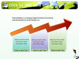 Click to edit title style 
ThemeGallery is a Design Digital Content & Contents 
mall developed by Guild Design Inc. 
Click to add Text 
Add your text in here 
- Your text in here 
- Your text in here 
Add your text in here 
- Your text in here 
- Your text in here 
Click to add Text Click to add Text 
Add your text in here 
- Your text in here 
- Your text in here 
 