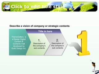 Click to edit title style 
Describe a vision of company or strategic contents 
ThemeGallery is 
a Design Digital 
Content & 
Contents mall 
developed by 
Guild Design Inc. 
Title in here 
2. 
Description of 
the company’s 
sub contents 
1. 
Description of 
the company’s 
sub contents 
 