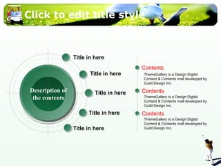 Click to edit title style 
Contents 
ThemeGallery is a Design Digital 
Content & Contents mall developed by 
Guild Design Inc. 
Contents 
ThemeGallery is a Design Digital 
Content & Contents mall developed by 
Guild Design Inc. 
Contents 
ThemeGallery is a Design Digital 
Content & Contents mall developed by 
Guild Design Inc. 
Title in here 
Title in here 
Title in here 
Title in here 
Title in here 
Description of 
the contents 
 
