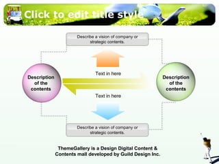 Click to edit title style 
Description 
of the 
contents 
Description 
of the 
contents 
Describe a vision of company or 
strategic contents. 
Text in here 
Text in here 
Describe a vision of company or 
strategic contents. 
ThemeGallery is a Design Digital Content & 
Contents mall developed by Guild Design Inc. 
 
