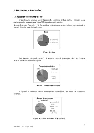 116 
ECCOM, v. 4, n. 7, jan./jun. 2013 
4. Resultados e Discussões 
4.1. Questionário aos Professores 
O questionário aplicado aos professores foi composto de duas partes, a primeira sobre dados pessoais, para descrever o perfil dos sujeitos participantes. 
De acordo com a figura 1, 71% dos sujeitos pertencem ao sexo feminino, apresentando a maioria feminina no trabalho docente. 
Figura 1 – Sexo 
Dos docentes que participaram 71% possuem curso de graduação, 19% Latu Sensu e 10% Stricto Sensu, conforme figura2. 
Figura 2 – Formação Acadêmica 
A figura 3, o tempo de serviço no magistério dos sujeitos está entre 5 a 20 anos de docência. 
Figura 3 - Tempo de serviço no Magistério 
 