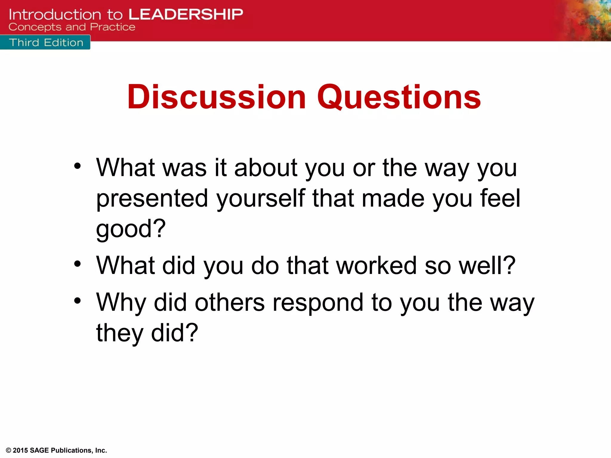 © 2015 SAGE Publications, Inc.
• What was it about you or the way you
presented yourself that made you feel
good?
• What did you do that worked so well?
• Why did others respond to you the way
they did?
Discussion Questions
 