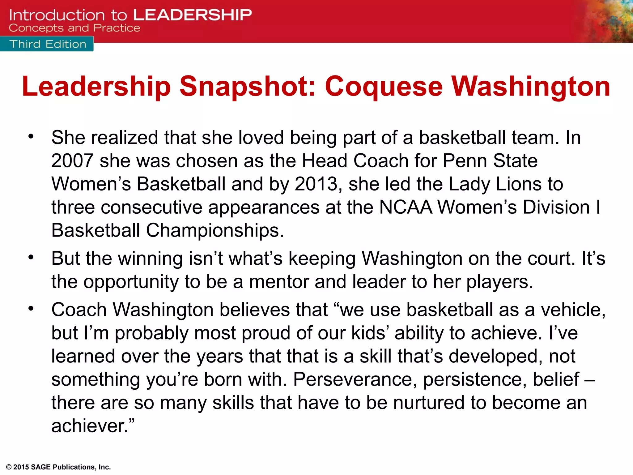 © 2015 SAGE Publications, Inc.
Leadership Snapshot: Coquese Washington
• She realized that she loved being part of a basketball team. In
2007 she was chosen as the Head Coach for Penn State
Women’s Basketball and by 2013, she led the Lady Lions to
three consecutive appearances at the NCAA Women’s Division I
Basketball Championships.
• But the winning isn’t what’s keeping Washington on the court. It’s
the opportunity to be a mentor and leader to her players.
• Coach Washington believes that “we use basketball as a vehicle,
but I’m probably most proud of our kids’ ability to achieve. I’ve
learned over the years that that is a skill that’s developed, not
something you’re born with. Perseverance, persistence, belief –
there are so many skills that have to be nurtured to become an
achiever.”
 