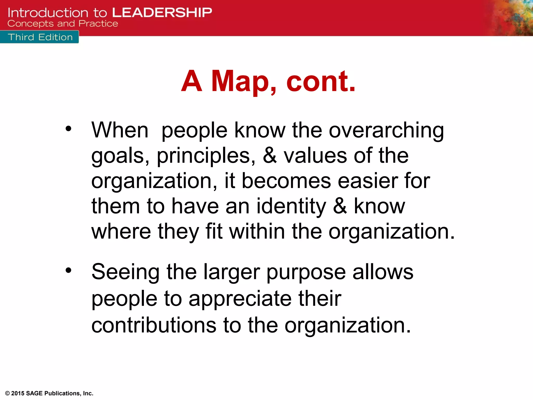 © 2015 SAGE Publications, Inc.
• When people know the overarching
goals, principles, & values of the
organization, it becomes easier for
them to have an identity & know
where they fit within the organization.
• Seeing the larger purpose allows
people to appreciate their
contributions to the organization.
A Map, cont.
 