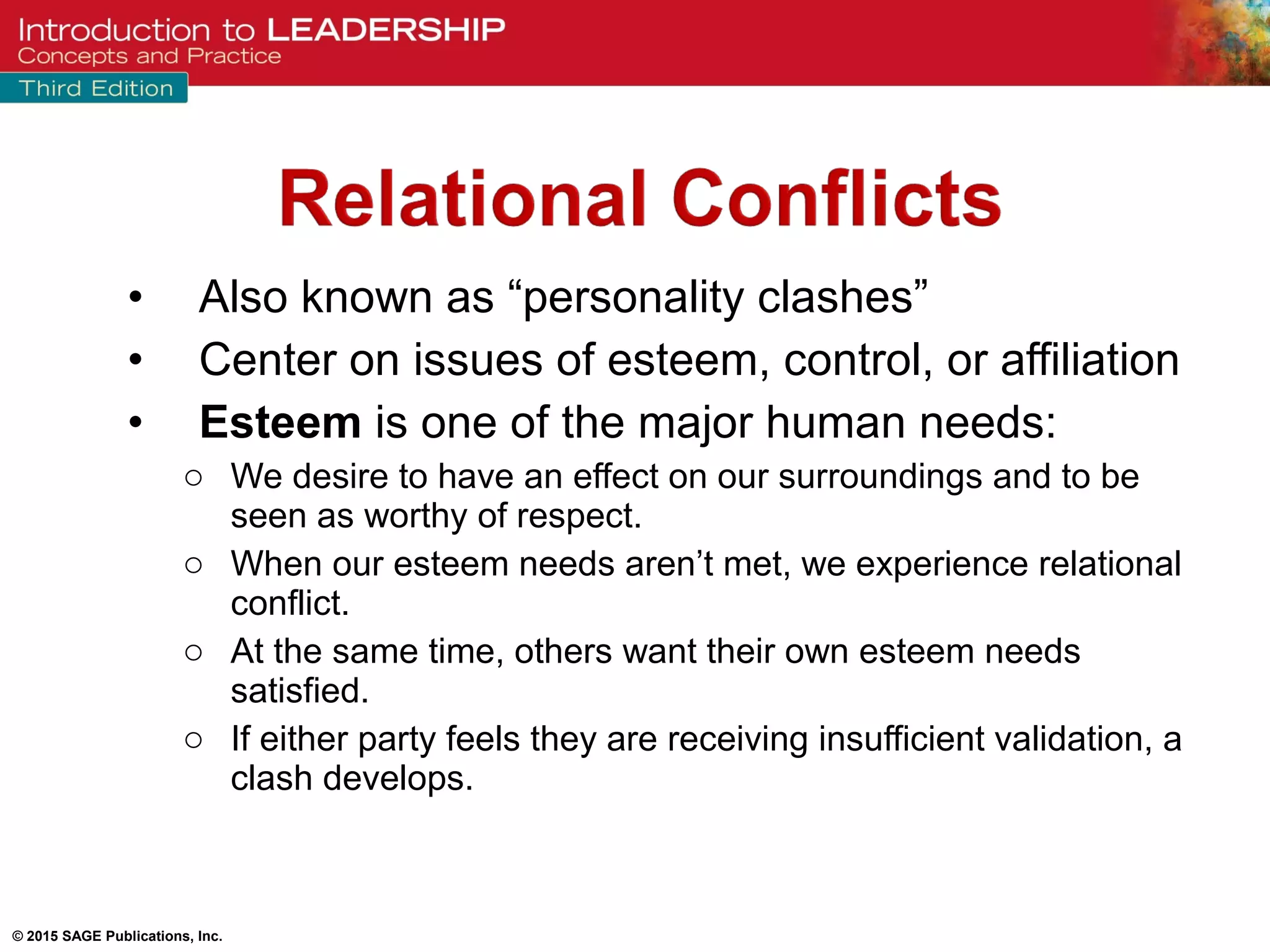 © 2015 SAGE Publications, Inc.
• Also known as “personality clashes”
• Center on issues of esteem, control, or affiliation
• Esteem is one of the major human needs:
o We desire to have an effect on our surroundings and to be
seen as worthy of respect.
o When our esteem needs aren’t met, we experience relational
conflict.
o At the same time, others want their own esteem needs
satisfied.
o If either party feels they are receiving insufficient validation, a
clash develops.
 