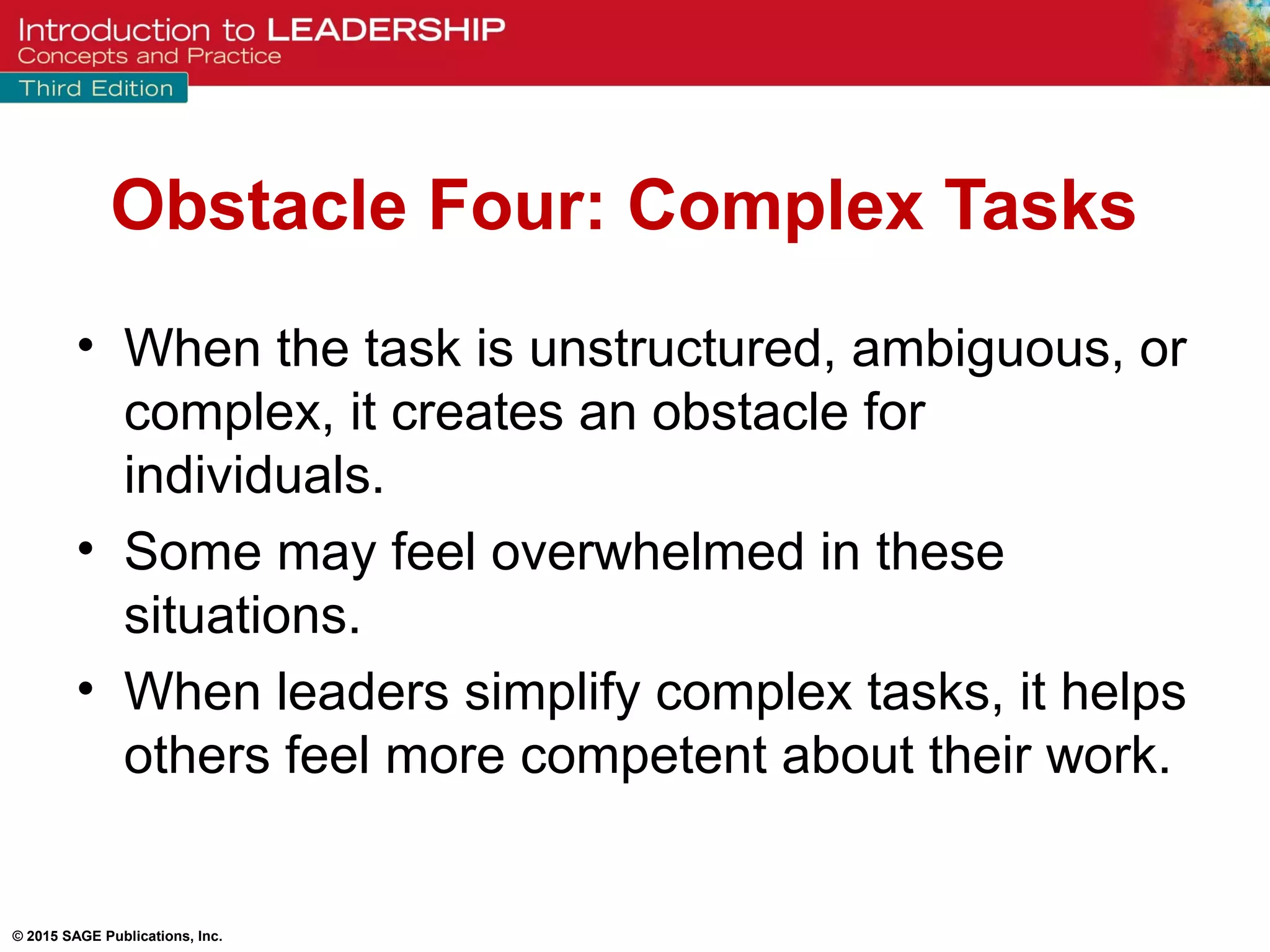 © 2015 SAGE Publications, Inc.
Obstacle Four: Complex Tasks
• When the task is unstructured, ambiguous, or
complex, it creates an obstacle for
individuals.
• Some may feel overwhelmed in these
situations.
• When leaders simplify complex tasks, it helps
others feel more competent about their work.
 