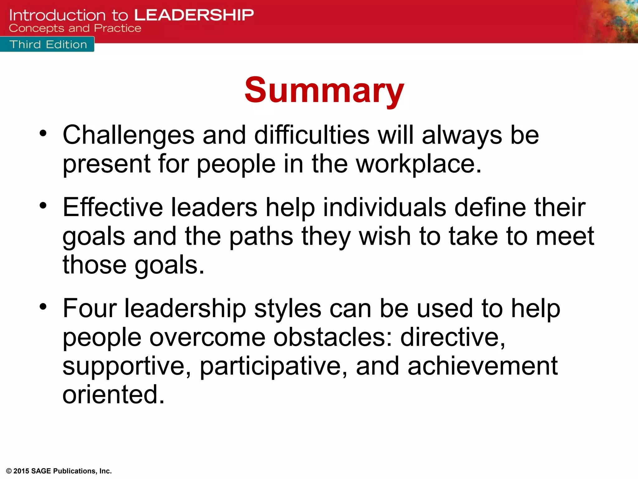 © 2015 SAGE Publications, Inc.
Summary
• Challenges and difficulties will always be
present for people in the workplace.
• Effective leaders help individuals define their
goals and the paths they wish to take to meet
those goals.
• Four leadership styles can be used to help
people overcome obstacles: directive,
supportive, participative, and achievement
oriented.
 