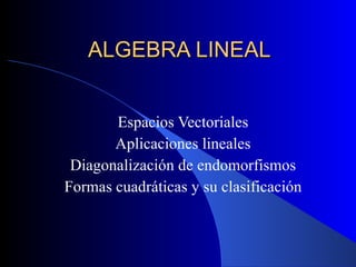 ALGEBRA LINEAL Espacios Vectoriales Aplicaciones lineales Diagonalización de endomorfismos Formas cuadráticas y su clasificación 