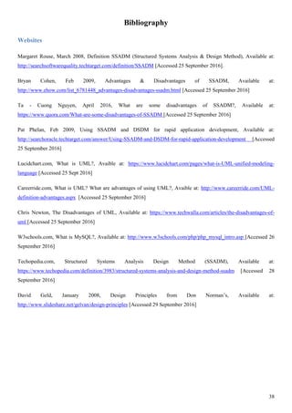 38
Bibliography
Websites
Margaret Rouse, March 2008, Definition SSADM (Structured Systems Analysis & Design Method), Available at:
http://searchsoftwarequality.techtarget.com/definition/SSADM [Accessed 25 September 2016].
Bryan Cohen, Feb 2009, Advantages & Disadvantages of SSADM, Available at:
http://www.ehow.com/list_6781448_advantages-disadvantages-ssadm.html [Accessed 25 September 2016]
Ta - Cuong Nguyen, April 2016, What are some disadvantages of SSADM?, Available at:
https://www.quora.com/What-are-some-disadvantages-of-SSADM [Accessed 25 September 2016]
Pat Phelan, Feb 2009, Using SSADM and DSDM for rapid application development, Available at:
http://searchoracle.techtarget.com/answer/Using-SSADM-and-DSDM-for-rapid-application-development [Accessed
25 September 2016]
Lucidchart.com, What is UML?, Avaible at: https://www.lucidchart.com/pages/what-is-UML-unified-modeling-
language [Accessed 25 Sept 2016]
Careerride.com, What is UML? What are advantages of using UML?, Avaible at: http://www.careerride.com/UML-
definition-advantages.aspx [Accessed 25 September 2016]
Chris Newton, The Disadvantages of UML, Available at: https://www.techwalla.com/articles/the-disadvantages-of-
uml [Accessed 25 September 2016]
W3schools.com, What is MySQL?, Available at: http://www.w3schools.com/php/php_mysql_intro.asp [Accessed 26
September 2016]
Techopedia.com, Structured Systems Analysis Design Method (SSADM), Available at:
https://www.techopedia.com/definition/3983/structured-systems-analysis-and-design-method-ssadm [Accessed 28
September 2016]
David Geld, January 2008, Design Principles from Don Norman’s, Available at:
http://www.slideshare.net/gelvan/design-principles [Accessed 29 September 2016]
 