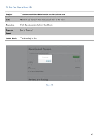 67
5.2 Test Case 3 (see in figure 5.2)
Purpose To test ask question data validation for ask question form
Data Question: Let me know how many student have in this class?
Procedure Click the ask question button without log in
Expected
Result
Log in Required
Actual Result You Must Log In first
Figure 5.2
 