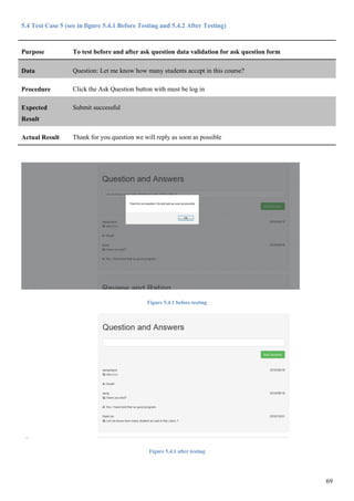 69
5.4 Test Case 5 (see in figure 5.4.1 Before Testing and 5.4.2 After Testing)
Purpose To test before and after ask question data validation for ask question form
Data Question: Let me know how many students accept in this course?
Procedure Click the Ask Question button with must be log in
Expected
Result
Submit successful
Actual Result Thank for you question we will reply as soon as possible
Figure 5.4.1 before testing
Figure 5.4.1 after testing
 