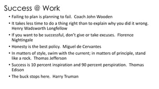 Success @ Work
• Failing to plan is planning to fail. Coach John Wooden
• It takes less time to do a thing right than to explain why you did it wrong.
Henry Wadsworth Longfellow
• If you want to be successful, don’t give or take excuses. Florence
Nightingale
• Honesty is the best policy. Miguel de Cervantes
• In matters of style, swim with the current; in matters of principle, stand
like a rock. Thomas Jefferson
• Success is 10 percent inspiration and 90 percent perspiration. Thomas
Edison
• The buck stops here. Harry Truman
 