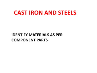 CAST IRON AND STEELS
IDENTIFY MATERIALS AS PER
COMPONENT PARTS
 