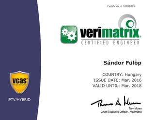 Certificate # 10282095
COUNTRY: Hungary
ISSUE DATE: Mar. 2016
VALID UNTIL: Mar. 2018
Sándor Fülöp
 