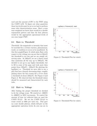 card and the amount of HV to the PMT using
the CAEN 1470. To ﬁgure out what quantities
these two levels must be set at we had to perform
some tube characterization scans. Once a scan
was completed we knew there would be a double
exponential pattern and that the ﬁrst plateau
would be the appropriate operational levels of
our scan target PMT.
2.1 Rate vs. Threshold
Threshold: the magnitude or intensity that must
be exceeded for a certain reaction, phenomenon,
result, or condition to occur or be manifested. In
this ﬁrst graph(Figure 2) which plots Rate with
respect to the voltage you can see that at 50[mV]
the threshold is too low and we are simply ob-
serving noise. At 100[mV] we see a linear trend
that maintains all the way up to 500[mV]. We
decided to not go to any higher thresholds, but
to ﬁll in some of the gaps and took more data
points from 150[mV] - 450[mV] By plotting the
log(Rate) vs. Threshold we were able to see a
plot that has a linearly decreasing slope, roughly
picking where the line crosses the y=0 we chose
a threshold of about 250[mV]. See Figure 2 and
Figure 3. We observed that the threshold values
should be measured and characterized for each
tube.
2.2 Rate vs. Voltage
After ﬁnding the proper threshold we decided
to do the voltage scans. We started at -1300[V]
to -2000[V] in 50[V] increments. To control the
amount of time we collected data we used the
CAEN N1145. We set the CAEN N1145 to
count events at 600s per each run. This gave
us a nice double plateau, which will give us the
appropriate operation levels As you can see in
Figure 2: Threshold Plot for tube3.
Figure 3: Threshold Plot for tube4.
2
 