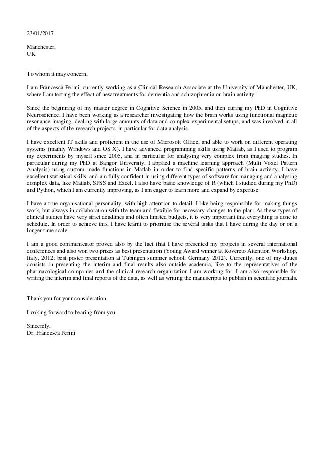 cover letter dr perini 23012017 manchester uk to whom it may concern i am - Cover Letter For Clinical Research Associate cover letter dr perini 23012017 manchester uk to whom it may concern i am - Cover Letter For Clinical Research Associate