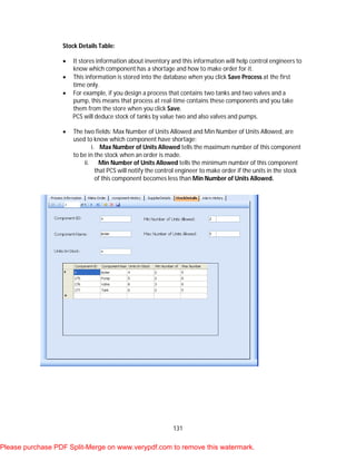 131
Stock Details Table:
 It stores information about inventory and this information will help control engineers to
know which component has a shortage and how to make order for it.
 This information is stored into the database when you click Save Process at the first
time only.
 For example, if you design a process that contains two tanks and two valves and a
pump, this means that process at real-time contains these components and you take
them from the store when you click Save.
PCS will deduce stock of tanks by value two and also valves and pumps.
 The two fields: Max Number of Units Allowed and Min Number of Units Allowed, are
used to know which component have shortage:
i. Max Number of Units Allowed tells the maximum number of this component
to be in the stock when an order is made.
ii. Min Number of Units Allowed tells the minimum number of this component
that PCS will notify the control engineer to make order if the units in the stock
of this component becomes less than Min Number of Units Allowed.
Please purchase PDF Split-Merge on www.verypdf.com to remove this watermark.
 