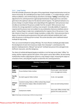 38
2.4.2 Loop Tuning
If the PID controller parameters (the gains of the proportional, integral and derivative terms) are
chosen incorrectly, the controlled process input can be unstable, i.e. its output diverges, with or
without oscillations, and is limited only by saturations or breakage. Tuning a control loop is the
adjustment of its control parameters (gain/proportional band, integral gain/reset, derivative
gain/rate) to the optimum values for the desired control response. The optimum behavior on a
process change or set point change varies depending on the application. Some processes must
not allow an overshoot of the process variable from the set point. Other processes must
minimize the energy expended in reaching a new set point. Generally stability of response is
required and the process must not oscillate for any combination of process conditions and set
points. Tuning of loops is made more complicated by the response time of the process; it may
take minutes or hours for a set point change to produce a stable effect. Some processes have a
degree of non-linearity and so parameters that work well at full-load conditions don't work
when the process is starting up from no-load. This section describes some traditional manual
methods for loop tuning.
There are several methods for tuning a PID loop. The most effective methods generally involve
the development of some form of process model, then choosing P, I, and D based on the
dynamic model parameters. Manual "tune by feel" methods have proven time and again to be
inefficient, inaccurate, and often dangerous.
The choice of method will depend largely on whether or not the loop can be taken "offline" for
tuning, and the response speed of the system. If the system can be taken offline, the best tuning
method often involves subjecting the system to a step change in input, measuring the output as
a function of time, and using this response to determine the control parameters.
Choosing a Tuning Method
Method Advantages Disadvantages
Ziegler-
Nichols
Proven Method. Online method.
Process upset, some trial-and-
error, very aggressive tuning
Tune By
Feel
No math required. Online method. Erratic, not repeatable
Software
Tools
Consistent tuning. Online or offline method. May include
valve and sensor analysis. Allow simulation before
downloading.
Some cost and training involved.
Cohen-
Coon
Good process models.
Some math. Offline method. Only
good for first-order processes.
Table 2.1 Advantages and disadvantages of different tuning methods.
Please purchase PDF Split-Merge on www.verypdf.com to remove this watermark.
 