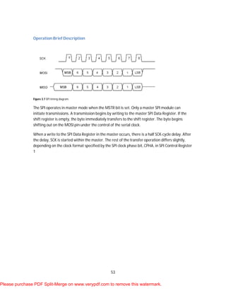 53
Operation Brief Description
Figure 3.7 SPI timing diagram.
The SPI operates in master mode when the MSTR bit is set. Only a master SPI module can
initiate transmissions. A transmission begins by writing to the master SPI Data Register. If the
shift register is empty, the byte immediately transfers to the shift register. The byte begins
shifting out on the MOSI pin under the control of the serial clock.
When a write to the SPI Data Register in the master occurs, there is a half SCK-cycle delay. After
the delay, SCK is started within the master. The rest of the transfer operation differs slightly,
depending on the clock format specified by the SPI clock phase bit, CPHA, in SPI Control Register
1
Please purchase PDF Split-Merge on www.verypdf.com to remove this watermark.
 
