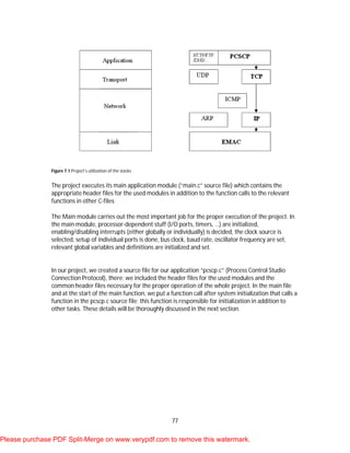 77
Figure 7.1 Project’s utilization of the stacks.
The project executes its main application module (“main.c” source file) which contains the
appropriate header files for the used modules in addition to the function calls to the relevant
functions in other C-files
The Main module carries out the most important job for the proper execution of the project. In
the main module, processor-dependent stuff (I/O ports, timers, …) are initialized,
enabling/disabling interrupts (either globally or individually) is decided, the clock source is
selected, setup of individual ports is done, bus clock, baud rate, oscillator frequency are set,
relevant global variables and definitions are initialized and set.
In our project, we created a source file for our application “pcscp.c” (Process Control Studio
Connection Protocol), there; we included the header files for the used modules and the
common header files necessary for the proper operation of the whole project. In the main file
and at the start of the main function, we put a function call after system initialization that calls a
function in the pcscp.c source file; this function is responsible for initialization in addition to
other tasks. These details will be thoroughly discussed in the next section.
Please purchase PDF Split-Merge on www.verypdf.com to remove this watermark.
 