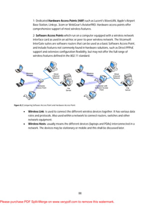 88
1- Dedicated Hardware Access Points (HAP) such as Lucent's WaveLAN, Apple's Airport
Base Station, Linksys, 3com or WebGear's AviatorPRO. Hardware access points offer
comprehensive support of most wireless features.
2- Software Access Points which run on a computer equipped with a wireless network
interface card as used in an ad-hoc or peer-to-peer wireless network. The Vicomsoft
InterGate suites are software routers that can be used as a basic Software Access Point,
and include features not commonly found in hardware solutions, such as Direct PPPoE
support and extensive configuration flexibility, but may not offer the full range of
wireless features defined in the 802.11 standard.
Figure 8.2 Comparing Software Access Point and Hardware Access Point.
 Wireless Link: is used to connect the different wireless devices together. It has various data
rates and protocols. Also used within a network to connect routers, switches and other
network equipment.
 Wireless Hosts: usually means the different devices (laptops and PDAs) interconnected in a
network. The devices may be stationary or mobile and this shall be discussed later.
Please purchase PDF Split-Merge on www.verypdf.com to remove this watermark.
 