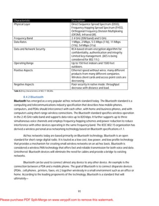 91
Characteristic Description
Physical Layer Direct Sequence Spread Spectrum (DSSS),
Frequency Hopping Spread Spectrum (FHSS),
Orthogonal Frequency Division Multiplexing
(OFDM), Infrared (IR).
Frequency Band 2.4 GHz (ISM band) and 5 GHz.
Data Rates 1 Mbps, 2 Mbps, 5.5 Mbps (11b), 11 Mbps
(11b), 54 Mbps (11a)
Data and Network Security RC4-based stream encryption algorithm for
confidentiality, authentication and integrity.
Limited key management. (AES is being
considered for 802.11i.)
Operating Range Up to 150 feet indoors and 1500 feet
outdoors.
Positive Aspects Ethernet speed without wires; many different
products from many different companies.
Wireless client cards and access point costs are
decreasing.
Negative Aspects Poor security in native mode; throughput
decrease with distance and load.
Table 8.2 Key characteristics of 802.11 WLANs.
8.4.2 Bluetooth
Bluetooth has emerged as a very popular ad hoc network standard today. The Bluetooth standard is a
computing and telecommunications industry specification that describes how mobile phones,
computers, and PDAs should interconnect with each other, with home and business phones, and with
computers using short-range wireless connections. The Bluetooth standard specifies wireless operation
in the 2.45 GHz radio band and supports data rates up to 820 kbps. It further supports up to three
simultaneous voice channels and employs frequency-hopping schemes and power reduction to reduce
interference with other devices operating in the same frequency band. The IEEE 802.15 organization has
derived a wireless personal area networking technology based on Bluetooth specifications v1.1.
Ad hoc networks today are based primarily on Bluetooth technology. Bluetooth is an open
standard for short-range digital radio. It is touted as a low-cost, low-power, and low-profile technology
that provides a mechanism for creating small wireless networks on an ad hoc basis. Bluetooth is
considered a wireless PAN technology that offers fast and reliable transmission for both voice and data.
Untethered Bluetooth devices will eliminate the need for cables and provide a bridge to existing
networks.
Bluetooth can be used to connect almost any device to any other device. An example is the
connection between a PDA and a mobile phone. The goal of Bluetooth is to connect disparate devices
(PDAs , cell phones , printers, faxes, etc.) together wirelessly in a small environment such as an office or
home. According to the leading proponents of the technology, Bluetooth is a standard that will
ultimately—
Please purchase PDF Split-Merge on www.verypdf.com to remove this watermark.
 