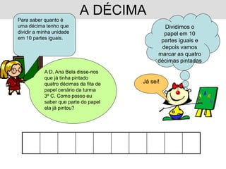 A DÉCIMA
Para saber quanto é
uma décima tenho que                           Dividimos o
dividir a minha unidade                        papel em 10
em 10 partes iguais.
                                              partes iguais e
                                              depois vamos
                                             marcar as quatro
                                             décimas pintadas
           A D. Ana Bela disse-nos
           que já tinha pintado
           quatro décimas da fita de   Já sei!
           papel cenário da turma
           3º C. Como posso eu
           saber que parte do papel
           ela já pintou?
 