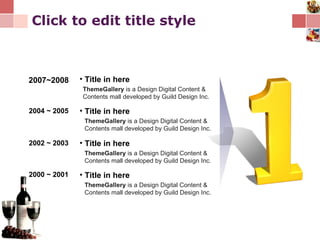 Click to edit title style 2007~2008 2004 ~ 2005 2002 ~ 2003 2000 ~ 2001 Title in here ThemeGallery  is a Design Digital Content & Contents mall developed by Guild Design Inc. Title in here ThemeGallery  is a Design Digital Content & Contents mall developed by Guild Design Inc. Title in here ThemeGallery  is a Design Digital Content & Contents mall developed by Guild Design Inc. Title in here ThemeGallery  is a Design Digital Content & Contents mall developed by Guild Design Inc. 