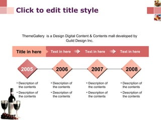 Click to edit title style Text in here Title in here Text in here Text in here 2005 2006 2007 2008 Description of the contents Description of the contents Description of the contents Description of the contents Description of the contents Description of the contents Description of the contents Description of the contents ThemeGallery   is a Design Digital Content & Contents mall developed by Guild Design Inc. 