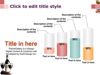 Click to edit title style ThemeGallery is a Design Digital Content & Contents mall developed by Guild Design Inc. Title in here 30% 60% 80% 60% Text in here Text in here Description of the contents Description of the contents Description of the contents Text in here Text in here Description of the contents 