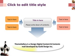 Click to edit title style Title in here Please write down of contents. Text in here Text in here Text in here Text in here ThemeGallery is a Design Digital Content & Contents mall developed by Guild Design Inc. 