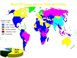 Most TB cases were in India and China
10 000 - 99 999
100 000 - 999 999
< 1 000
1 000 - 9 999
No estimate
Number of cases
1 000 000 or more
Asia
59%Africa
21%
 