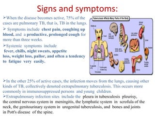 Signs and symptoms:
When the disease becomes active, 75% of the
cases are pulmonary TB, that is, TB in the lungs.
 Symptoms include chest pain, coughing up
blood, and a productive, prolonged cough for
more than three weeks.
Systemic symptoms include
fever, chills, night sweats, appetite
loss, weight loss, pallor, and often a tendency
to fatigue very easily.
In the other 25% of active cases, the infection moves from the lungs, causing other
kinds of TB, collectively denoted extrapulmonary tuberculosis. This occurs more
commonly in immunosuppressed persons and young children.
Extrapulmonary infection sites include the pleura in tuberculosis pleurisy,
the central nervous system in meningitis, the lymphatic system in scrofula of the
neck, the genitourinary system in urogenital tuberculosis, and bones and joints
in Pott's disease of the spine.
 