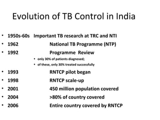 Evolution of TB Control in India
• 1950s-60s Important TB research at TRC and NTI
• 1962 National TB Programme (NTP)
• 1992 Programme Review
• only 30% of patients diagnosed;
• of these, only 30% treated successfully
• 1993 RNTCP pilot began
• 1998 RNTCP scale-up
• 2001 450 million population covered
• 2004 >80% of country covered
• 2006 Entire country covered by RNTCP
 