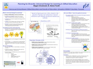 Planning for Diversity: Universal Design for Learning in Gifted Education
Megan Chrostowski, Dr. Marion Porath
Vancouver School Board, Gifted Education and Faculty of Education, University of British Columbia, Canada
What is Universal Design for Learning?
!! a strategy for differentiating curriculum and instruction
•! Architectural Foundations:!based in the universal
design / universal access movement in architecture.!
•! Created by the Centre for Applied Technology (CAST) in
Wakefield, MA!
•! Catalyst: school buildings were universally accessible;
the school curriculum and instruction were not.!
•! Mandate: to provide access to learning for the full
diversity of students using flexible technology and
individualized instruction and content.
Foundations for UDL in Neurolearning:!
•! UDL principles are based in research on the brain and
learning the learning brain is organized into three
neurolearning networks:
•! all three networks must be engaged for real learning to
take place.
!
•! Neuroimaging everyone has a unique learning
style and each learning network may be more or less
developed than the others at any given developmental
stage.!
UDL and Technology:!
•! UDL uses digital media to create flexible, customizable
curricula.
•! Traditional classroom materials and media (text and
speech) are inflexible – one size fits all.
•! New technology are flexible and can be customized for
individual needs.
o! Ebooks
o! Screen readers
o! Podcasts
o! Digital images and video
o! Web-based content
Recognition
Networks
Strategic
Networks
Affective
Networks
Learning
Barriers to learning are not, in fact, inherent in the
capacities of learners, but instead arise in learners'
interactions with inflexible educational materials and
methods.!
- David Rose, CAST
Leyla A.,
Toronto, Gr.2
Neuroscience for
Kids: http://
faculty.washingto
n.edu/chudler/
neurok.html
http://
visualspatial.org
Can traditional, text-based curriculum
and instruction serve the needs of both
of these learners?
Three Basic Principles of UDL:
•! Multiple means of representation, to give diverse learners options
for!acquiring information and knowledge!
•! Multiple means of action and expression, to provide learners options for
demonstrating what they know!
•! Multiple means of engagement, to tap into learners' interests, offer
appropriate challenges, and increase motivation
Multiple Means
of Engagement:
affective domain
MOTIVATION
Multiple Means
of Expression:
showing what
you know
PRODUCTS
Multiple Means
of
Representation:
auditory, visual,
kinesthetic
CONTENT
UDL and Gifted / Twice Exceptional Learners
•! The majority of gifted students are placed in the regular classroom
environment due to:
o! policies of inclusion!
o! limited places in special programs!
o! reduced budgets for gifted education
o! the diverse nature of gifted learners: many Twice
Exceptional students do not qualify for gifted
programs
•! !High variance in gifted learners' profiles:
o! developmental differences over time lead to fluid
patterns of strengths and weaknesses
o! many gifted students have concomitant
exceptionalities that require support, such as
learning disabilities, developmental disorders, and
social/emotional fragility
•! Alternative modes of presentation of material and products:
o! allows for a wide range of creative responses from
gifted learners.
•! !Technology as motivational hook:
o! multi-media, digital environments and new
technology appeal to many underachieving gifted
learners - especially those who also have learning
difficulties.
•! Opening doors to gifted programs:
o! assistive technology and alternative instructional
and presentation formats described by UDL may
provide access to gifted programs for Twice
Exceptional learners and other highly able students
with diverse learning needs.
Provocation:
Proponents of UDL report that it addresses the unique learning needs of all
students, including highly gifted students. Is this true?
Questions:
•! Can using UDL to differentiate curriculum and instruction in the
regular classroom address the gifted child’s need for both
complexity and support for areas of weakness?
•! Are gifted students with learning disabilities more successful in
classrooms that use UDL principles to differentiate curriculum and
instruction than their peers in regular classrooms that do not? How
do they fare in comparison to peers in specialized classrooms for
gifted students?
 